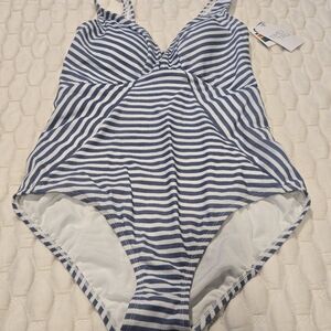 Time & Tru Women's New With Tags One Piece Swimsuit Navy White Stripes Medium